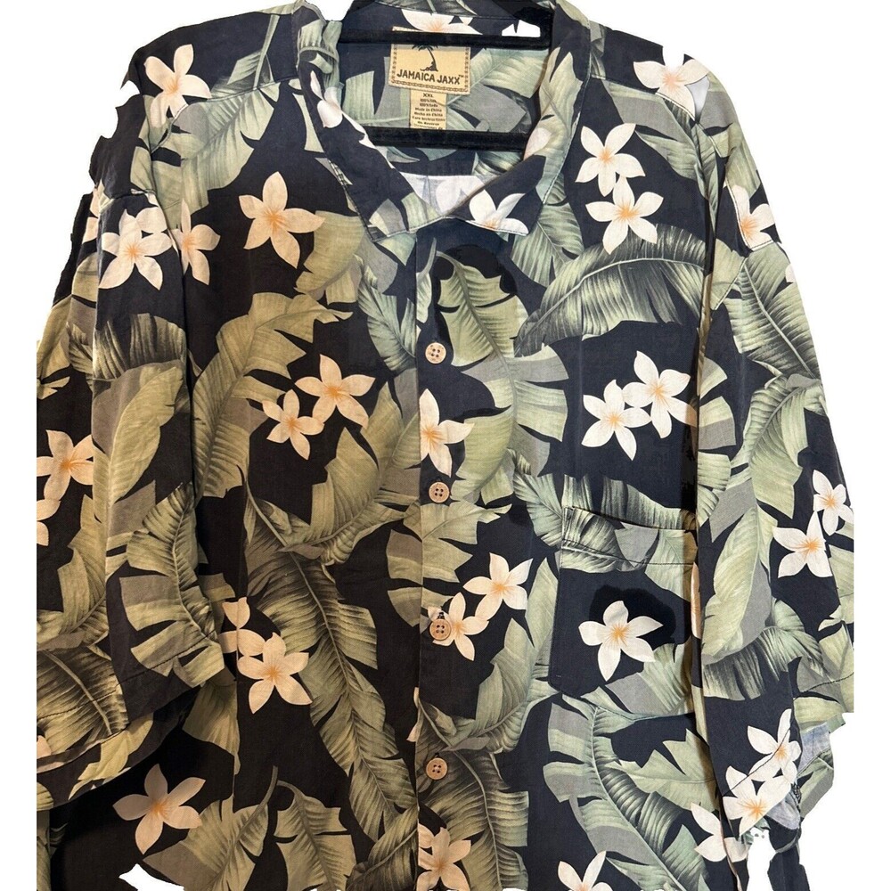 Jamaica Jaxx Black Green Floral 100% Silk Mens Hawaiian Shirt Sz 2XL Loop Collar
